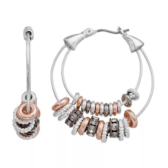 Napier Jewelry - NAPIER Contemporary Tri-Tone Silver/Jet/Rose Ring 1.45" Hoop Earrings**NEW!